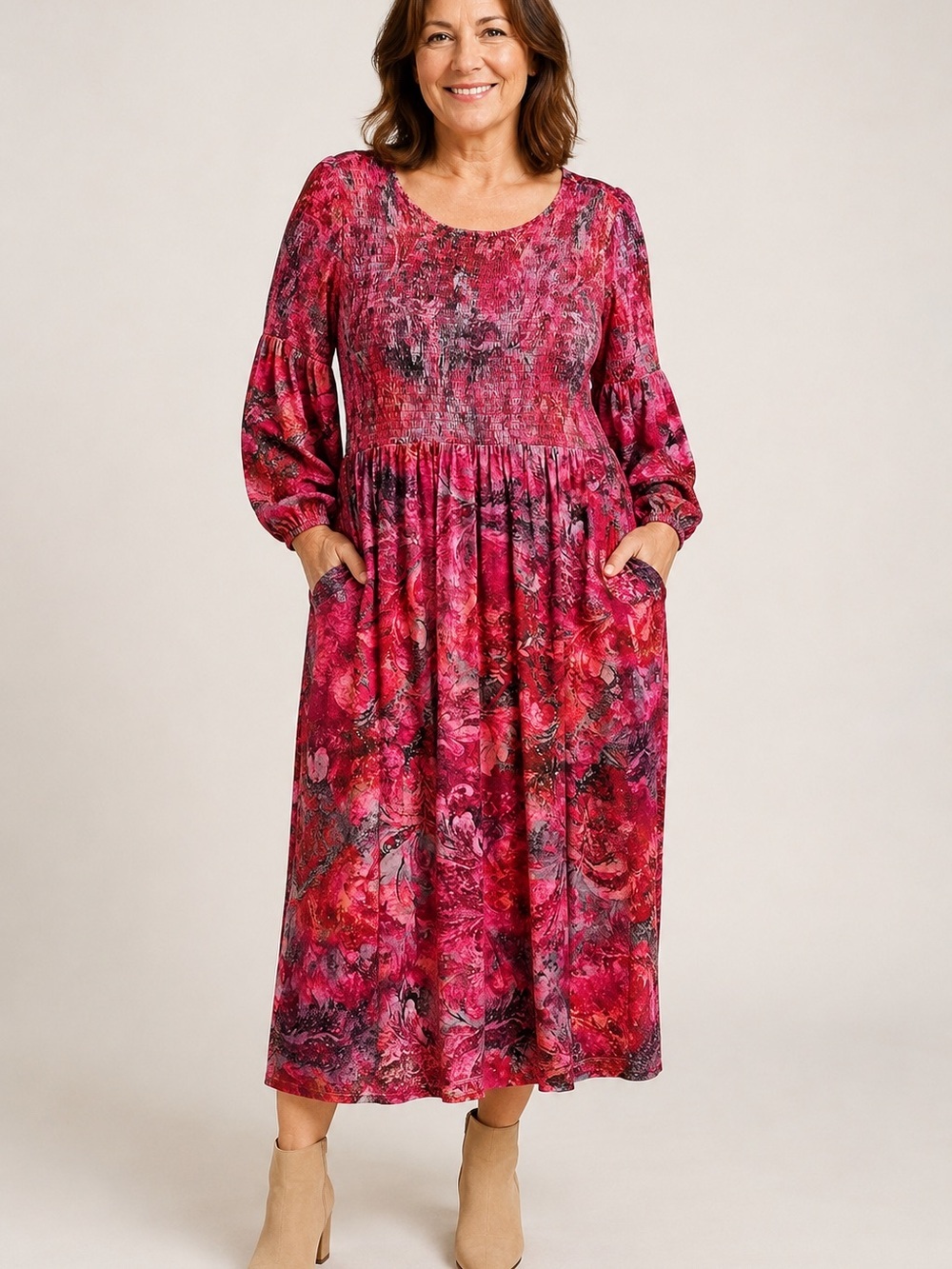 Soft Surroundings Pink Floral Smocked Maxi Dress Elastic Sleeves Boho Stetchy LP